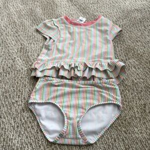 Ruffle Butts Pink-Striped Ruffle Two-Piece Swim Set